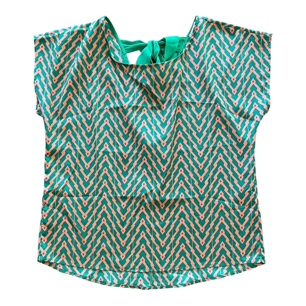 Splendid Green & Orange Geometric Tribal Print Slim Tunic Blouse w/ Bow, Medium